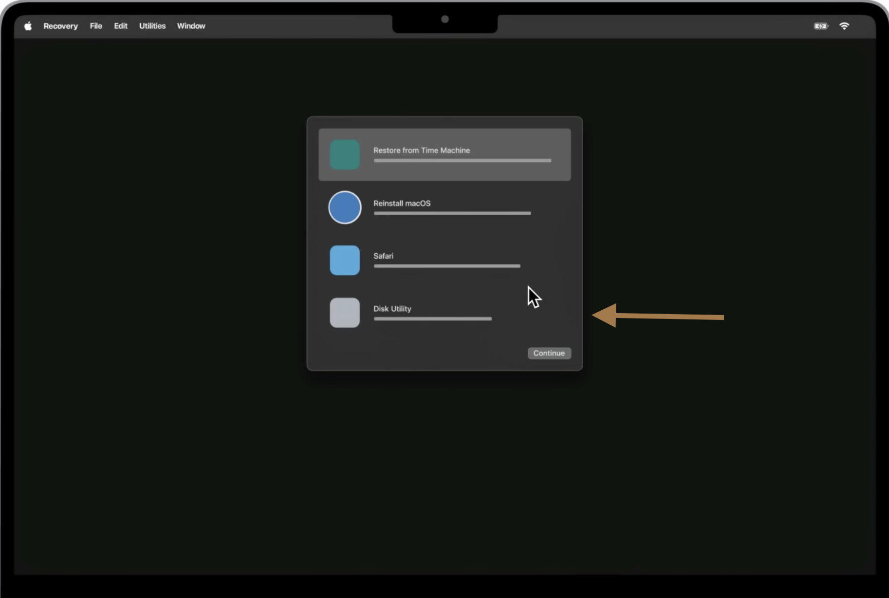 select Disk Utility and then just hit Continue